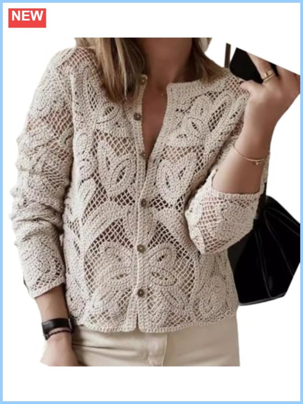 Crochet Sweater Wood Button Up Cardigan Women's Cute Beach Vacation